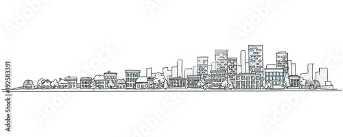 Flat vector cartoon illustration of hand drawing urban landscape with skyline, city office buildings and family houses in small town village in background. Isolated and layered doodle line sketch.