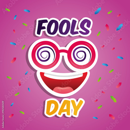 silly glasses and smile mouth fools day card celebration vector illustration