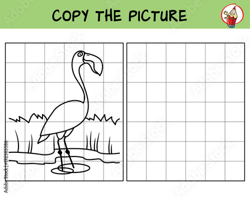Flamingo. Copy the picture. Coloring book. Educational game for children. Cartoon vector illustration