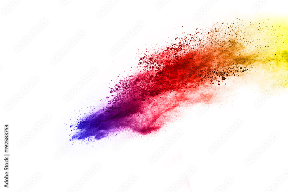 Explosion of colored powder on white background.