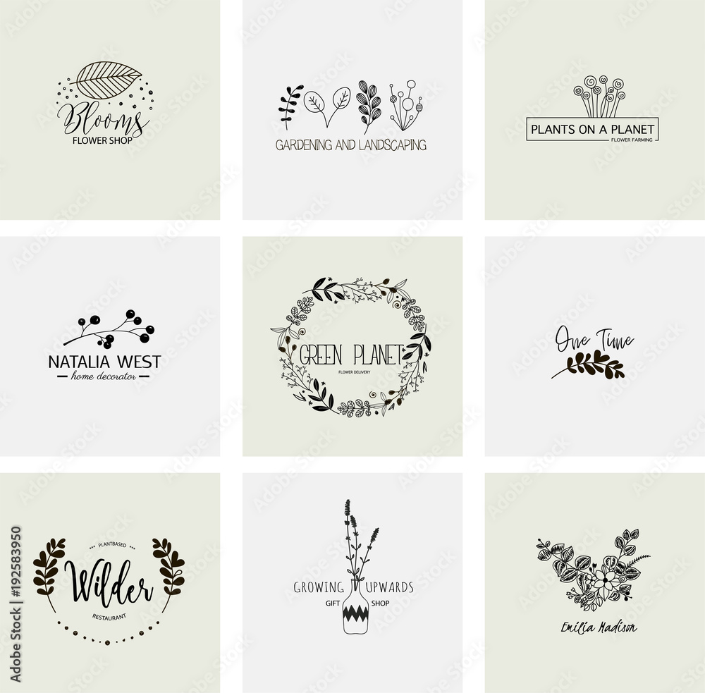 Flower logo templates collection in vector. Handdrawn floral logotypes for a small business 