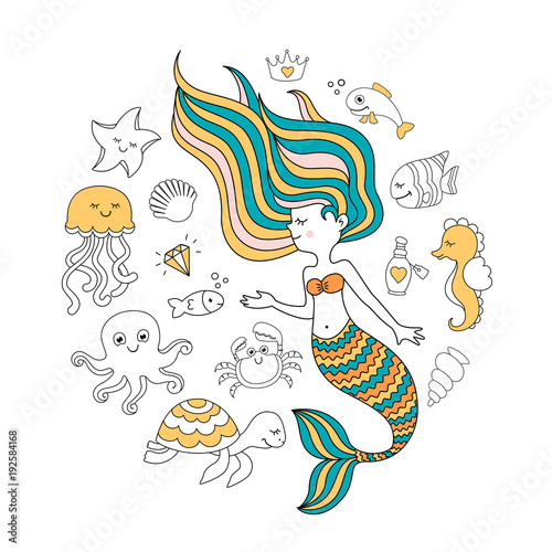 Cute little mermaid with sea animals. Under the sea vector illustration © teneresa