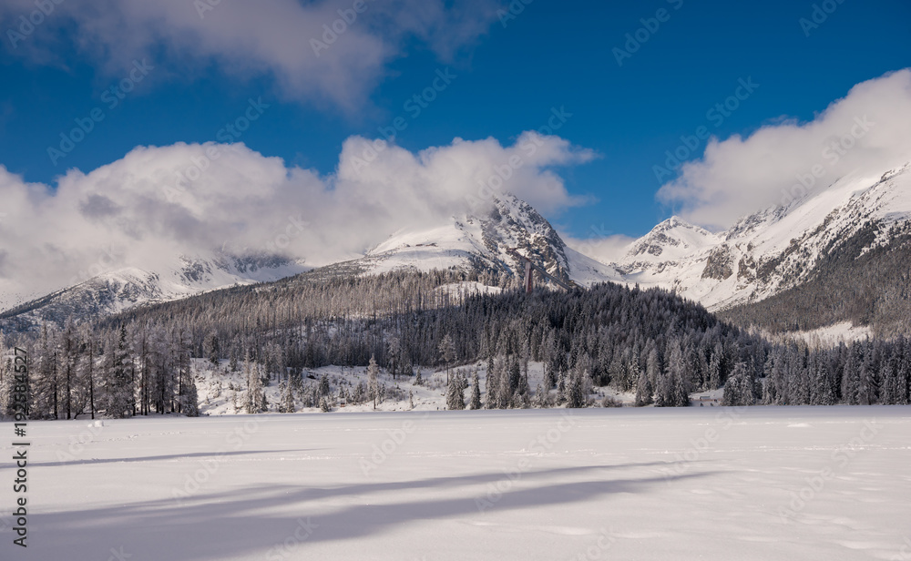 Winter view of frozen snow covered  surface of Strbske Pleso