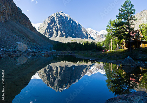 Beautifull valley with view to mountains, trees and lake 