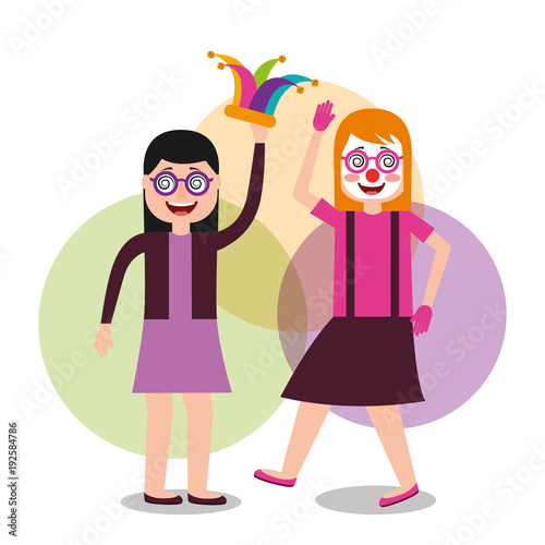 womens wearing glasses and jester hat celebration fools day vector illustration