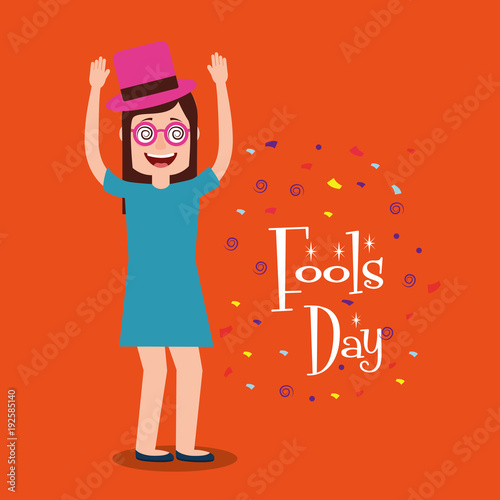 funny woman with hat and glsses arms up fools day celebration vector illustration