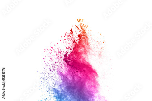 abstract powder splatted background. Colorful powder explosion on white background. Colored cloud. Colorful dust explode. Paint Holi.