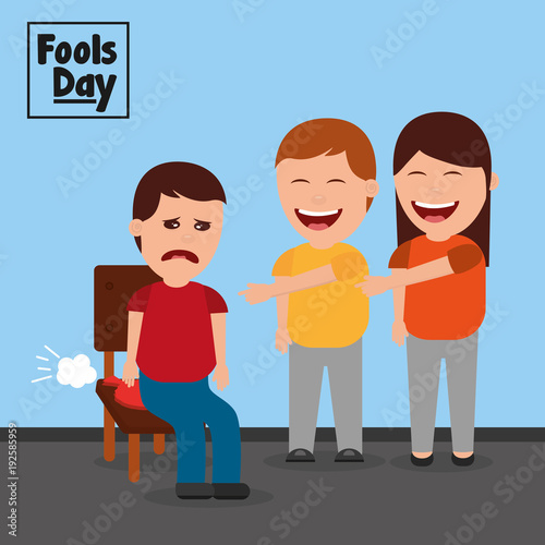 man and woman make joke a friend with cushion fools day vector illustration