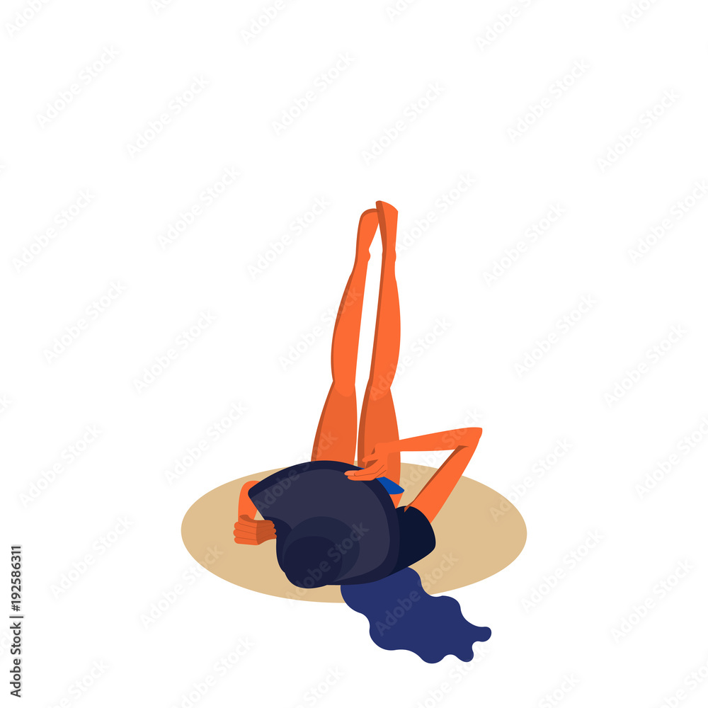 Vector illustration. Girl in big beach hat is lying on the sand at the beach. Vector illustration. Girl in big beach hat is lying on the sand at the beach.