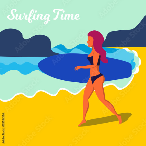 Running Girl with a blue surfing board. Vector illustration.
