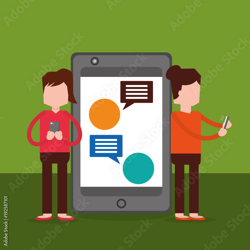 big smartphone two woman chat messages vector illustration