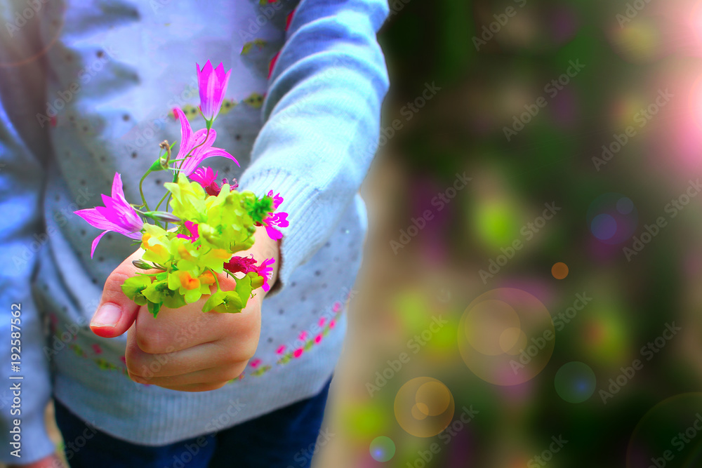 blooming flowers in the hands of a child, toned