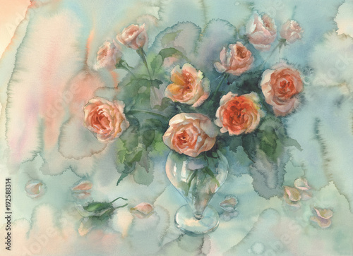 sweet orange roses colorful background watercolor