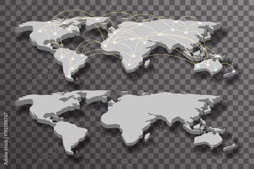3d world map shadow light connections transparent background vector illustration