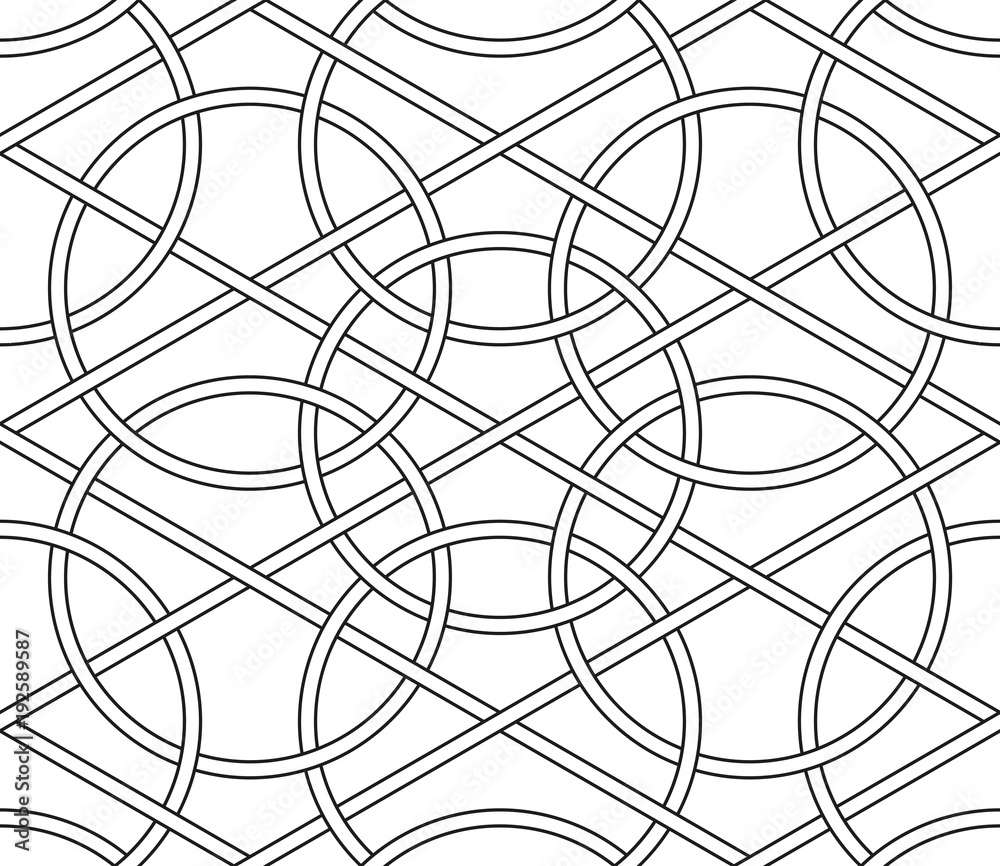 Interlaced circles, seamless line geometric vector patterns