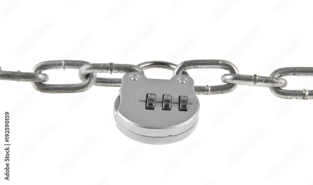 metal chain and lock isolated on white background closeup metal chain and lock isolated on white background closeup