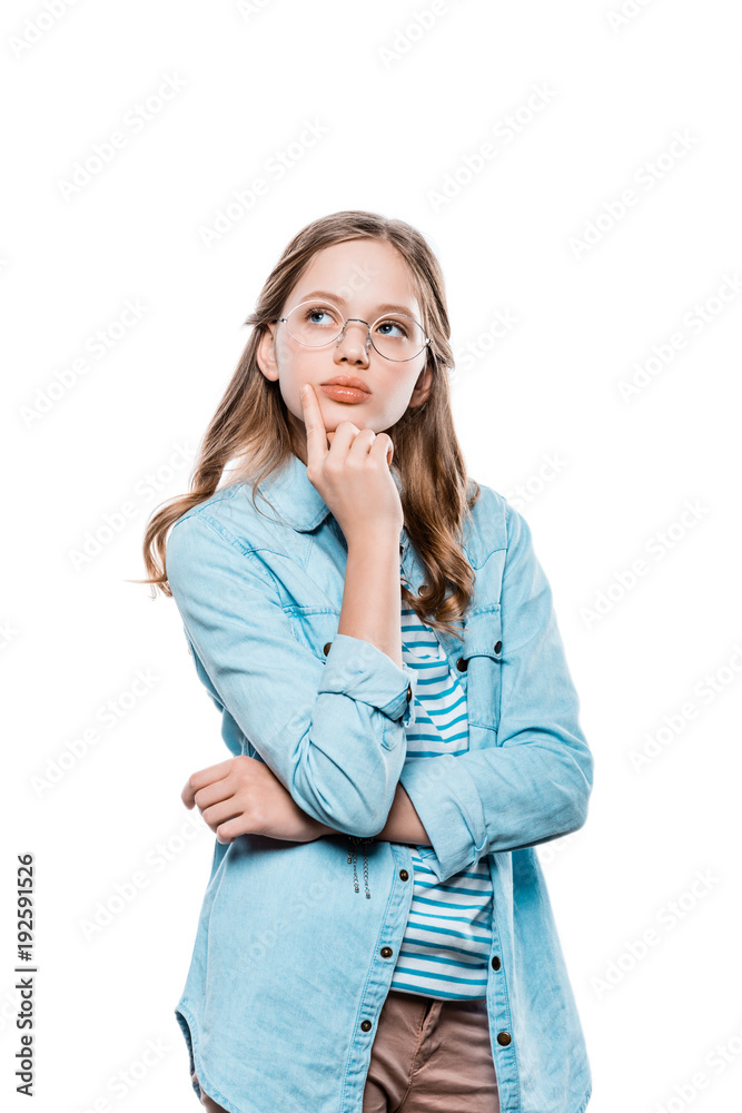 pensive teenage girl in eyeglasses holding hand on chin and looking up isolated on white pensive teenage girl in eyeglasses holding hand on chin and looking up isolated on white