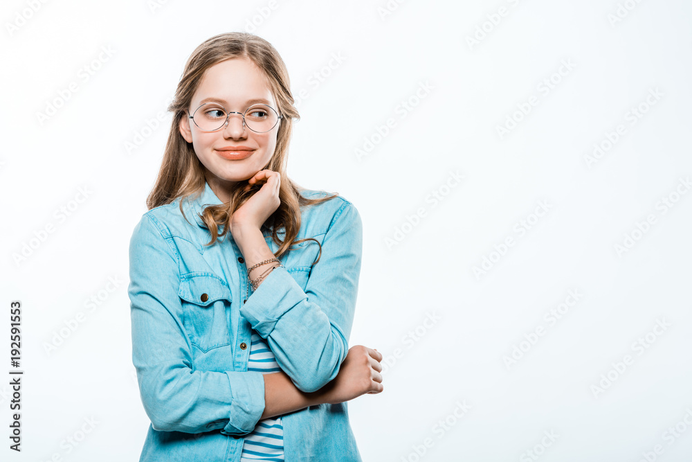 beautiful pensive girl with hand on chin smiling and looking away isolated on white beautiful pensive girl with hand on chin smiling and looking away isolated on white