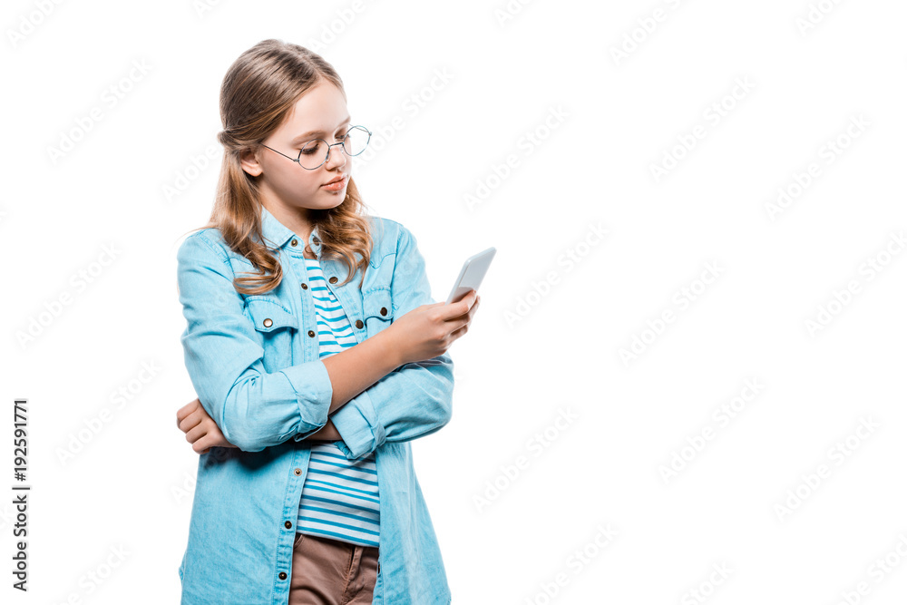 beautiful girl in eyeglasses using smartphone isolated on white