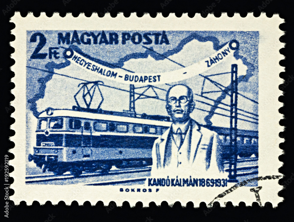 Hungarian engineer Kando Kalman and electric locomotive on postage stamp  Stock Photo | Adobe Stock
