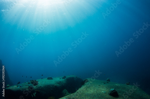 Underwater seascape with natural sunlight through water surface and rocks on the seabed.underwater background