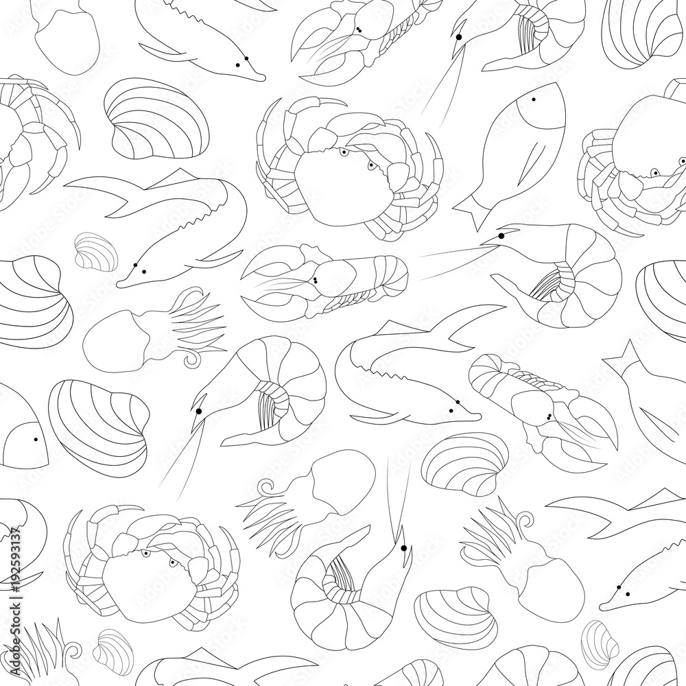 Seafood seamless pattern black and white