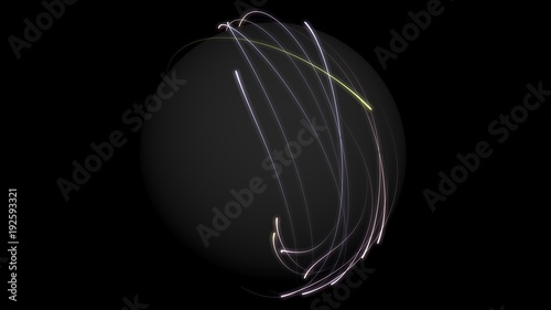 Abstract colorful glowing rays of light enveloping the sphere on black background. Hi-res illustration for your brochure, flyer, banner designs and other projects. 3D render illustration.