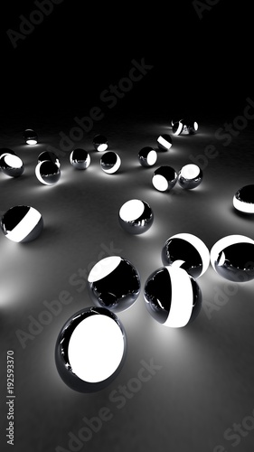 Neon balls on a black background. Abstract chaotic glowing spheres. Futuristic background. Hi-res illustration for your brochure, flyer, banner designs and other projects. 3d render illustration.