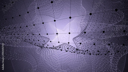 Molecule model with connected lines with dots on dark background. Medicine, technology, chemistry or science background. Scientific or medical background with molecules and atoms. 3d illustration.