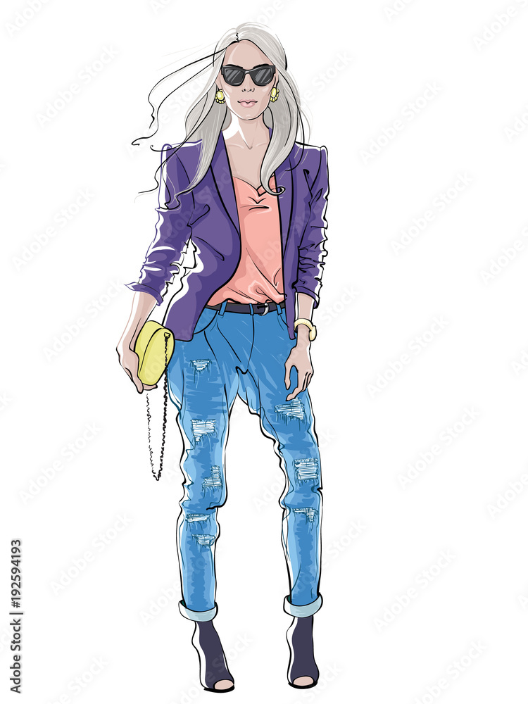 Hand drawn fashion sketch. Beautiful woman with long hair in casual clothing. Vector illustration isolated on white. Hand drawn fashion sketch. Beautiful woman with long hair in casual clothing. Vector illustration isolated on white.