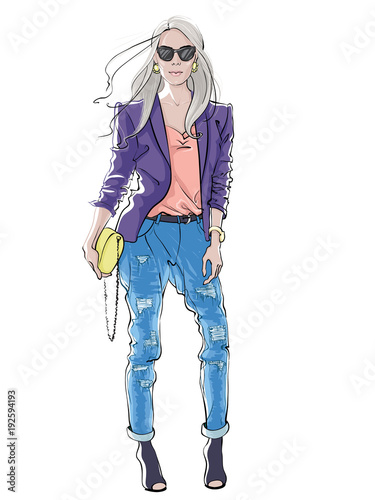 Hand drawn fashion sketch. Beautiful woman with long hair in casual clothing. Vector illustration isolated on white.