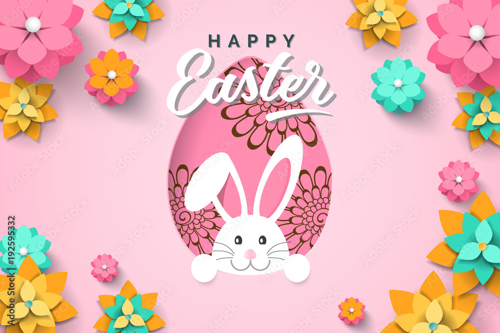 Easter card with a rabbit peeping out of the mink in the shape of an egg. Pink background with spring flowers