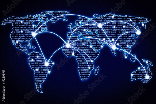 Global network blue glowing map. Transcontinental worldwide connections between users. World community and globalization concept.