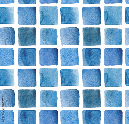 Watercolor blue square pattern. Abstract geometric background