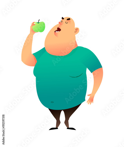 A fat man bites an apple. Useful habits and healthy eating concept. The fatty guy dreams of losing weight and chooses a healthy diet. Healthy lifestyle and proper nutrition lifestyle.