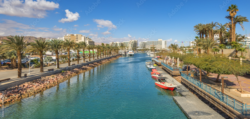 Central marina in Eilat - famous resort and recreational southernmost Israeli town. This serene location is a very popular tropical getaway for numerous tourists
