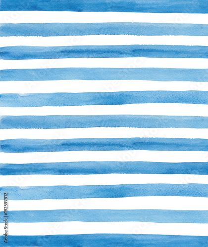 Watercolor blue and white stripes background. Hand painted lines photo