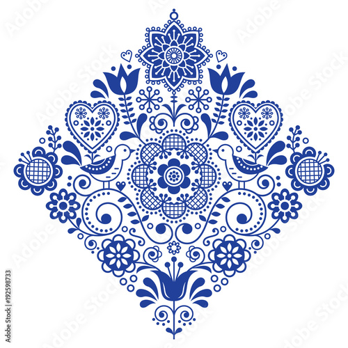 Folk art retro square vector pattern with birds and flowers  Scandinavian navy blue symmetric design  