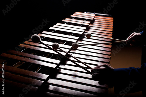 The hands of a musician playing the marimba in dark tones photo