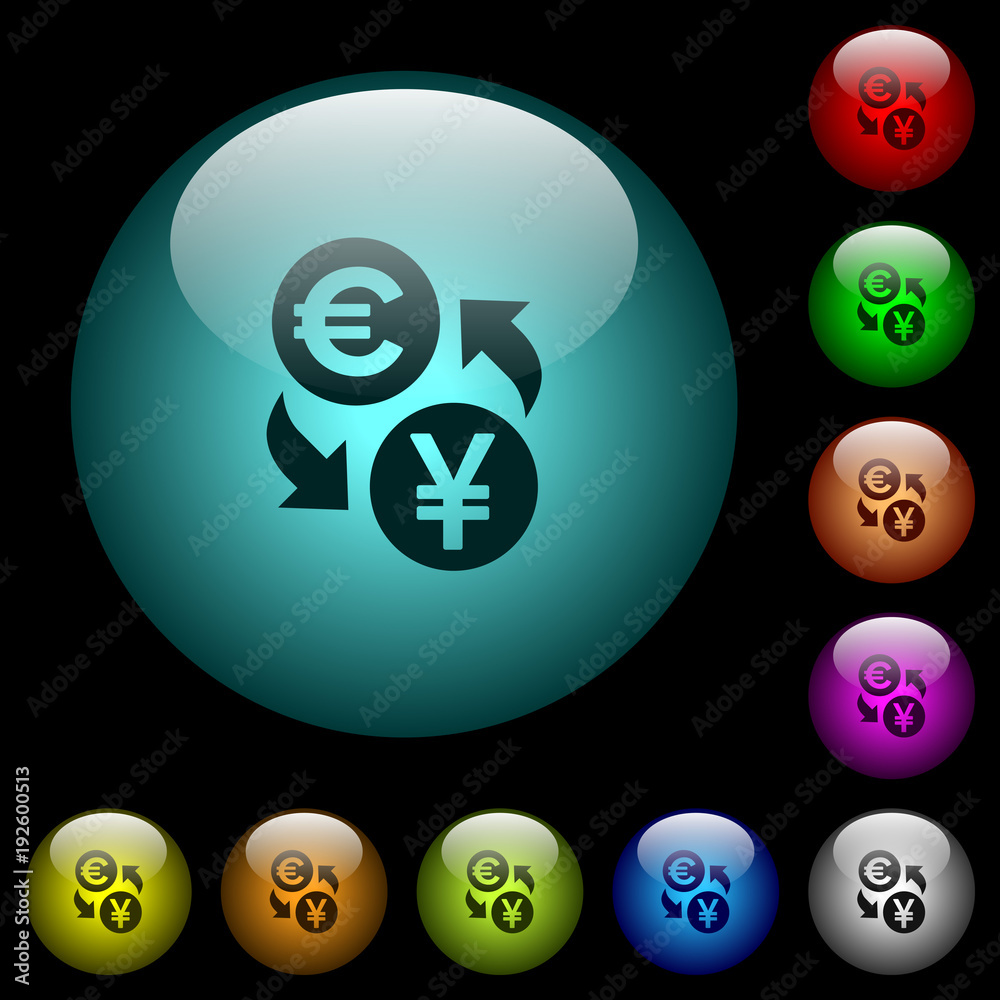 Euro Yen money exchange icons in color illuminated glass buttons Euro Yen money exchange icons in color illuminated glass buttons