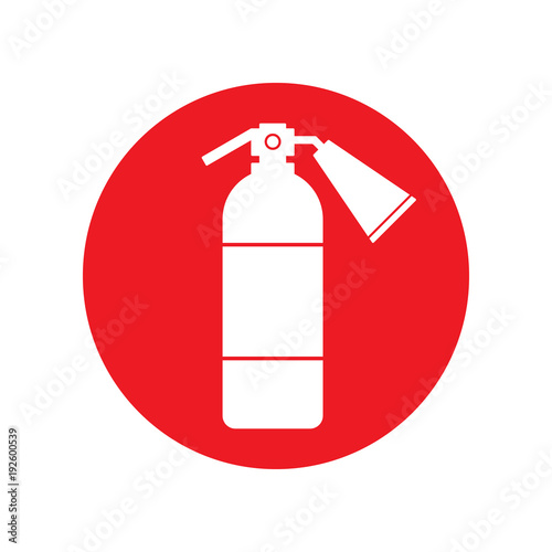 White fire extinguisher icon on red circle. Vector.