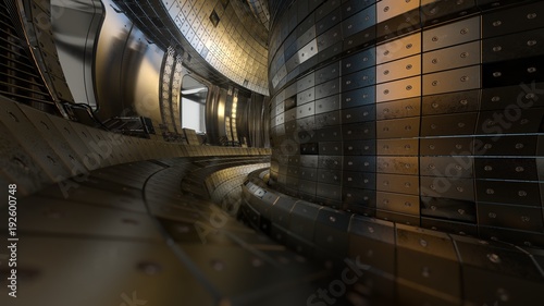 Fusion reactor Tokamak. Reaction chamber. Fusion power. 3D illustration