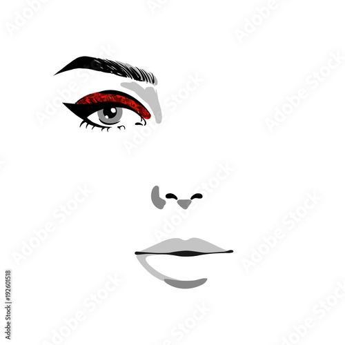 Half of Woman face with red glitter make up vector illustration. Hand drawing Vector watercolor illustration isolated on white background