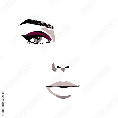 Glamour fashion beauty woman face illustration. Half of female face with one eye and make-up of burgundy color in watercolor style. Vector colorful watercolor illustration isolated on white background