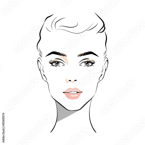 Beautiful woman face with nude make-up hand drawn vector illustration. Stylish original graphics portrait with beautiful young attractive girl model. Fashion  style  beauty. Graphic  sketch drawing.