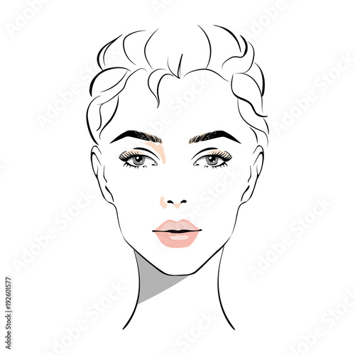 Beautiful woman face with nude make-up hand drawn vector illustration. Stylish original graphics portrait with beautiful young attractive girl model. Fashion, style, beauty. Graphic, sketch drawing.