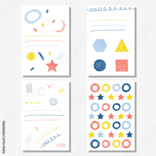 Handmade doodle childish exercise book background collection. Scribbled shapes. Abstract sketch cover for card, exercise book, diary, scrapbook, school poster, album, workshop advertising t shirt etc