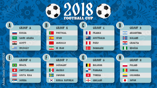 Group stage of football championship. Lists of groups on the background of traditional Russian patterns and football doodles. Football 2018. Vector illustration