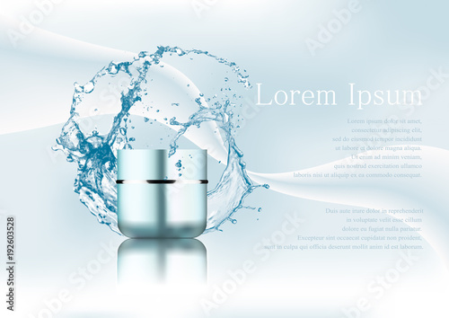 Advertising magazine page,Splash of water,empty realistic blue-silver plastic cream jar.Cosmetic beauty product package template,text on an abstract stylish gradient background.Vector illustration. photo