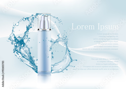 Advertising magazine page,Splash of water,realistic plastic package for cosmetic products with pump,tube for lotion, tonic, cream,with text on abstract stylish gradient background.Vector illustration.